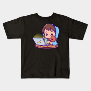 Cute Girl Watching On Laptop With Doll Cartoon Kids T-Shirt